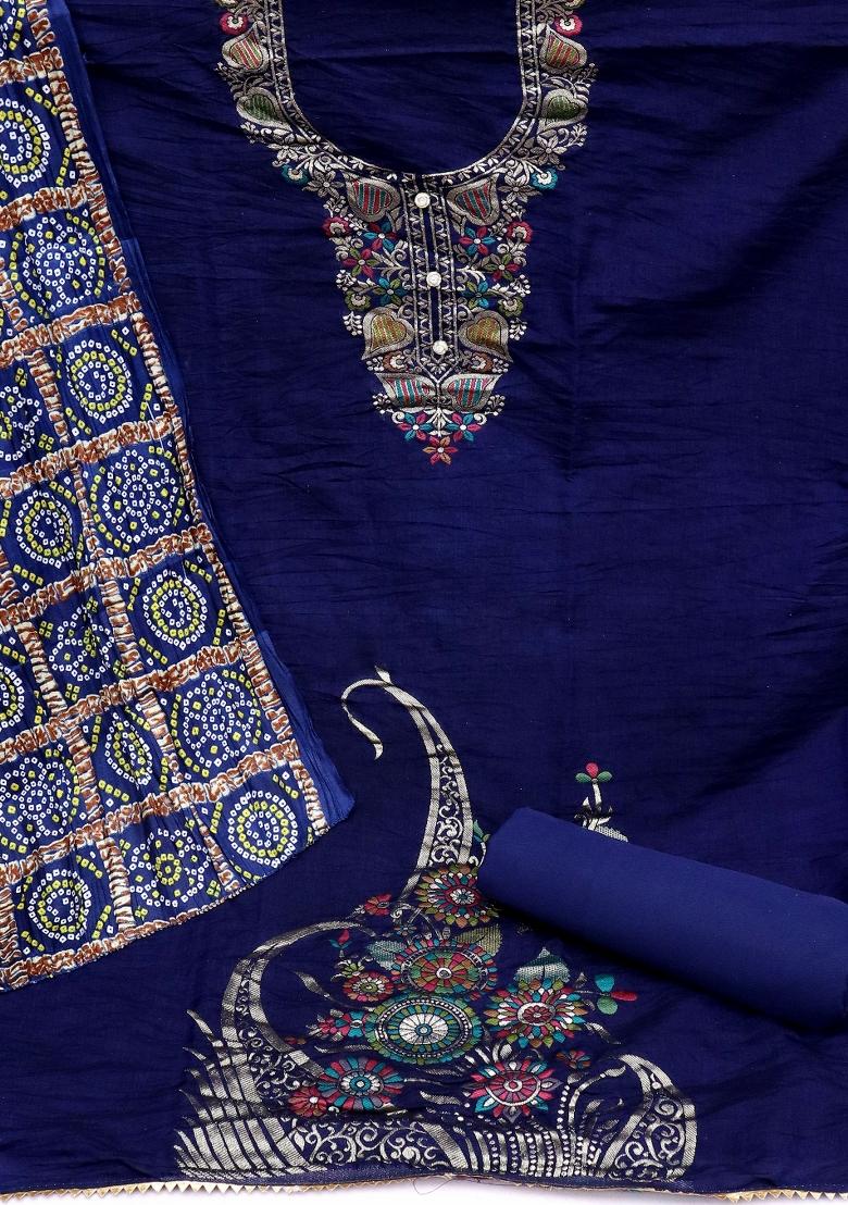 Blue Embroidered Jacquard Dress Material