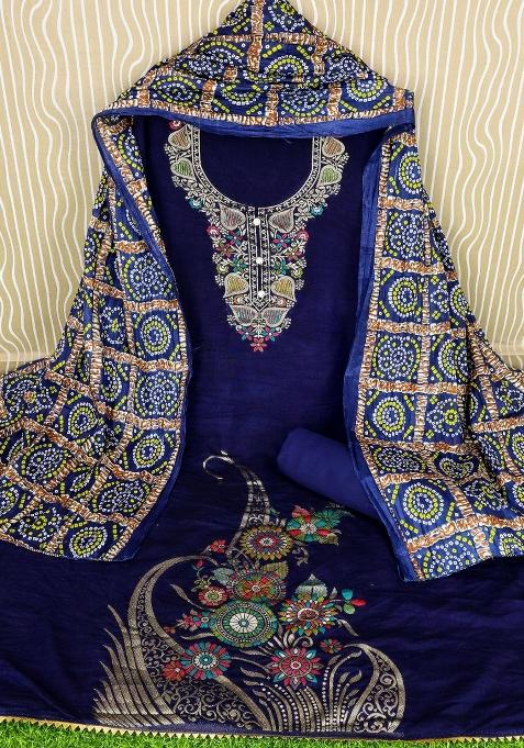 Blue Embroidered Jacquard Dress Material