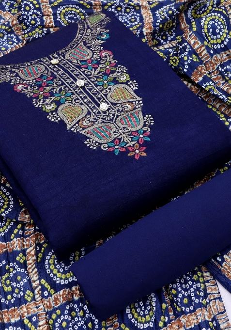 Blue Embroidered Jacquard Dress Material