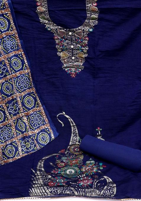 Blue Embroidered Jacquard Dress Material