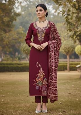 Magenta Embroidered Jacquard Dress Material