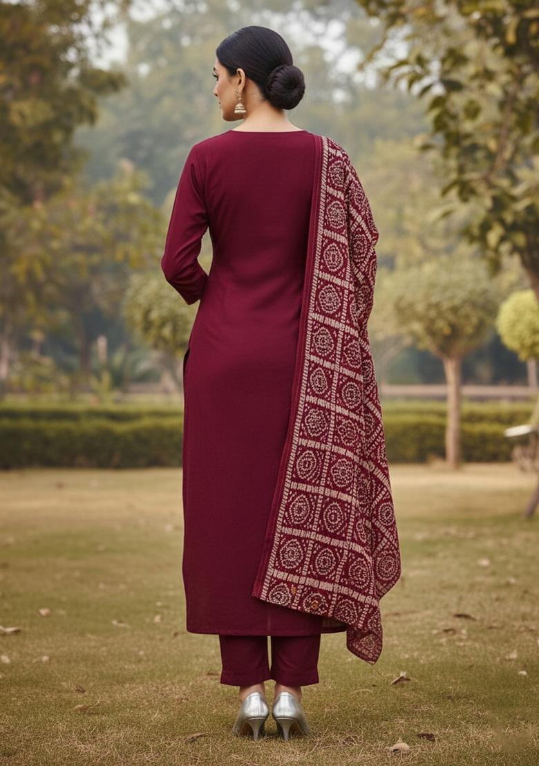 Magenta Embroidered Jacquard Dress Material - Indya