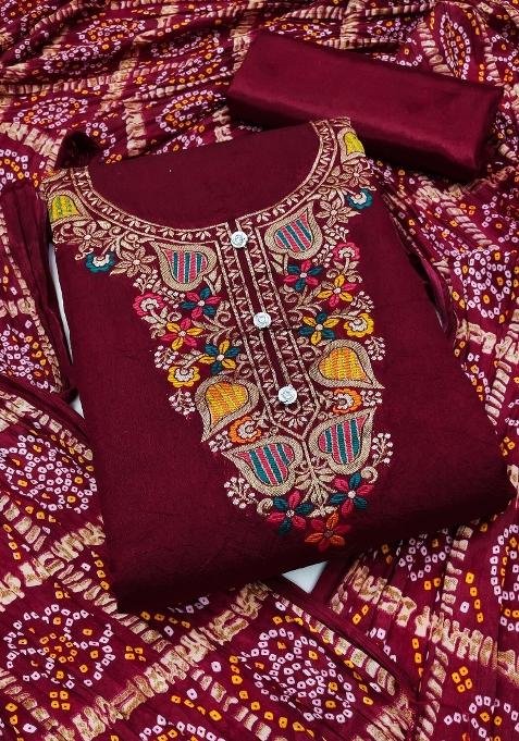 Magenta Embroidered Jacquard Dress Material