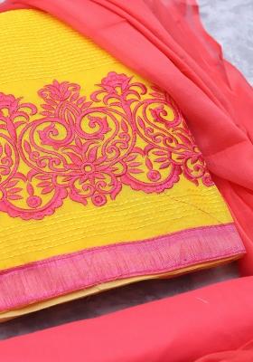 Yellow Embroidered Cotton Blend Dress Material