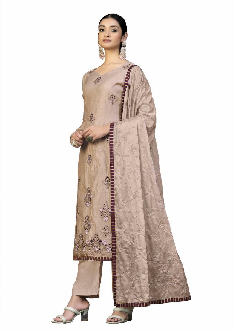 Baby Pink Embroidered Chanderi Dress Material - Indya