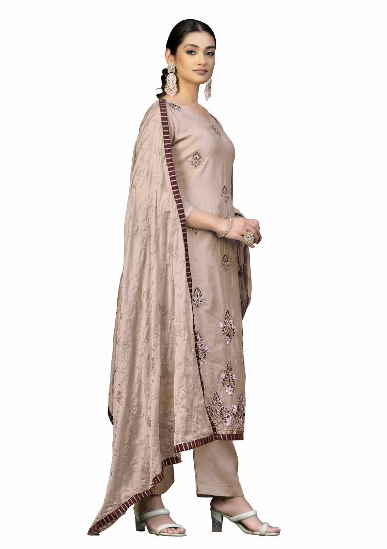 Baby Pink Embroidered Chanderi Dress Material - Indya