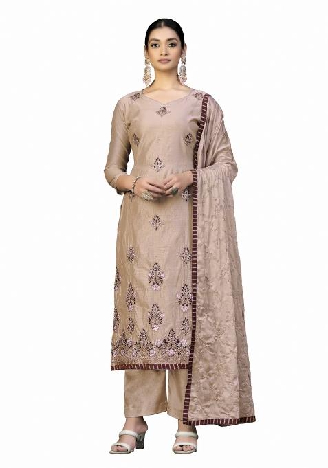 Baby Pink Embroidered Chanderi Dress Material