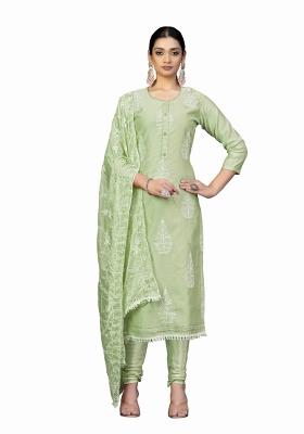 Green Embroidered Chanderi Dress Material