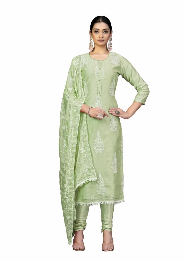 Green Embroidered Chanderi Dress Material