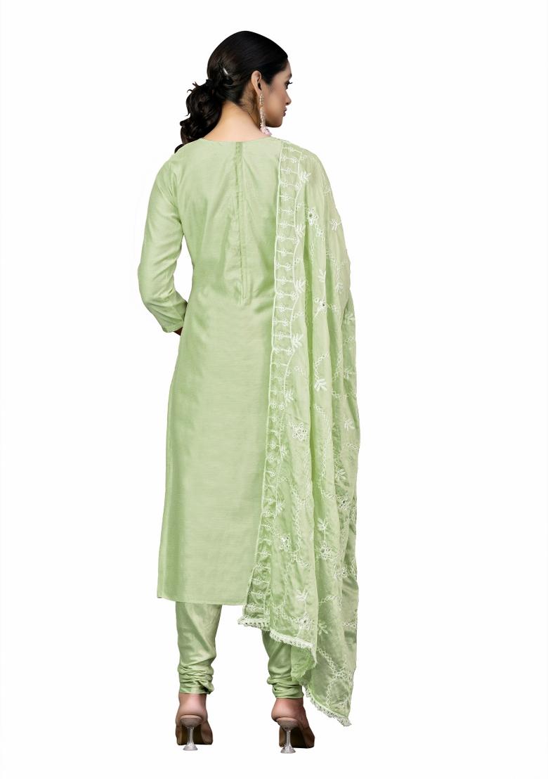 Green Embroidered Chanderi Dress Material