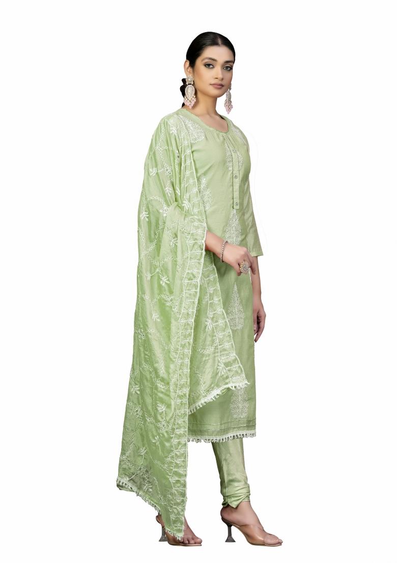 Green Embroidered Chanderi Dress Material