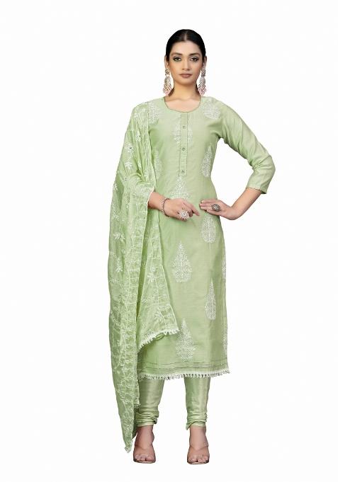Green Embroidered Chanderi Dress Material