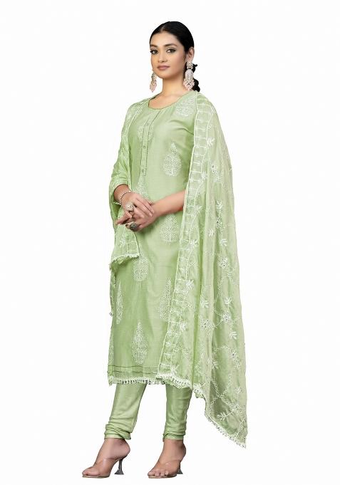 Green Embroidered Chanderi Dress Material
