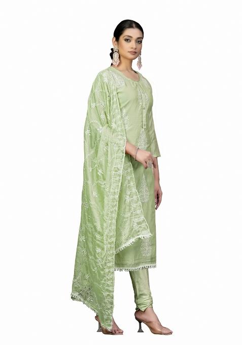 Green Embroidered Chanderi Dress Material