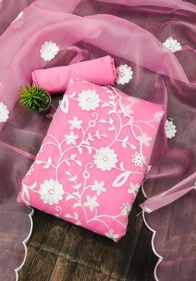 Baby Pink Embroidered Oragnza Dress Material