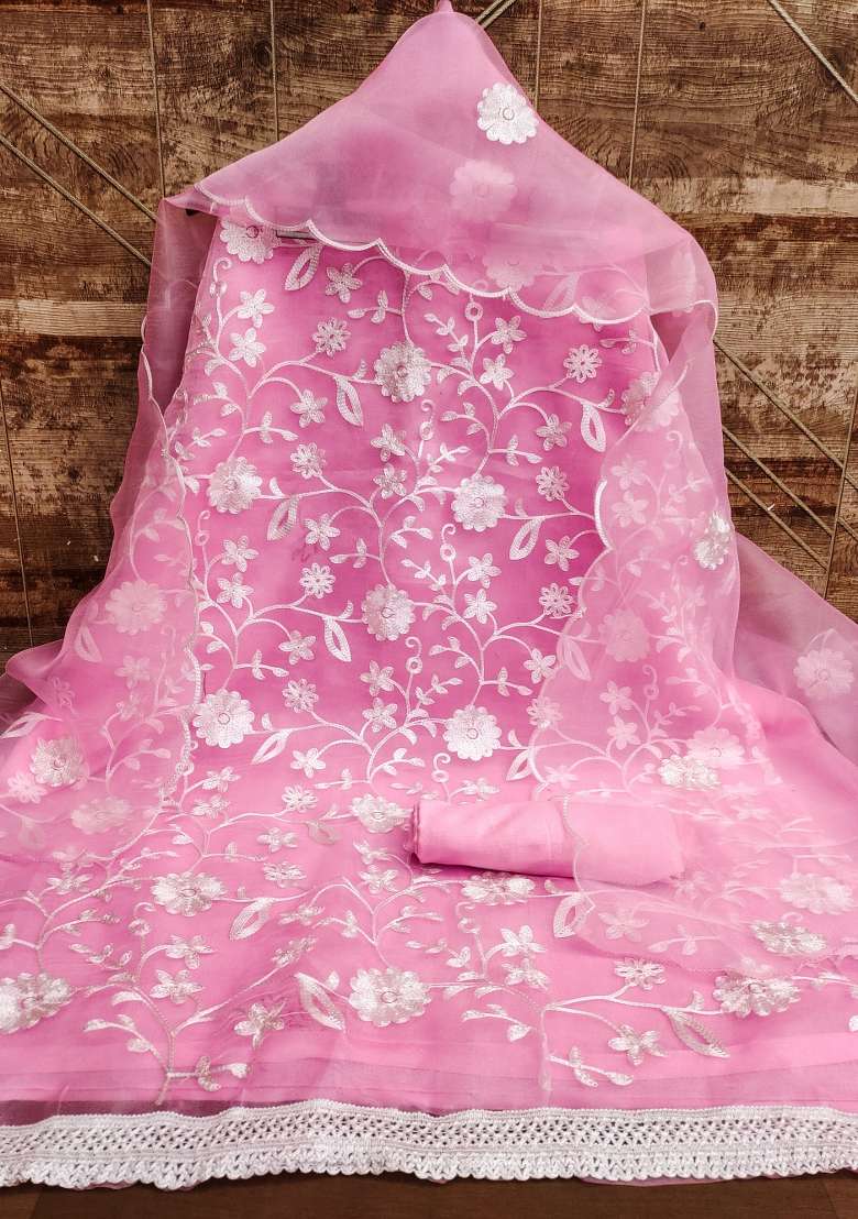 Baby Pink Embroidered Organza Straight Kurta Set - Indya