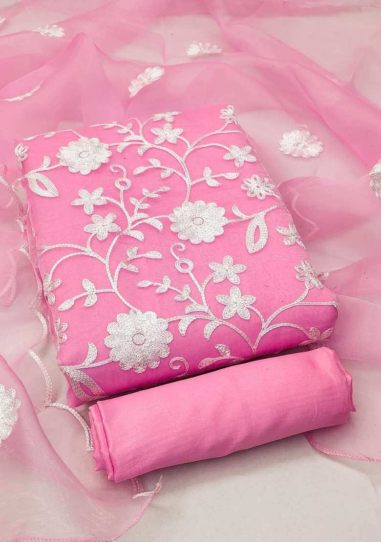 Baby Pink Embroidered Organza Straight Kurta Set - Indya