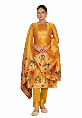 Yellow Embroidered Silk Dress Material