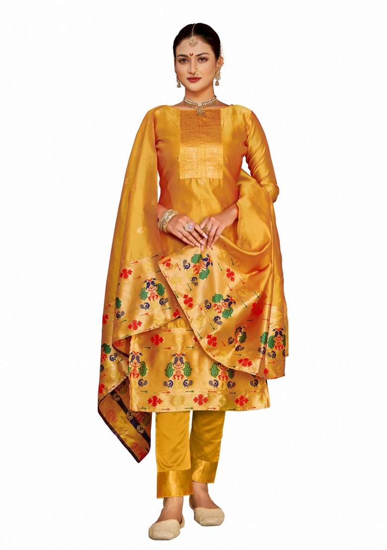 Yellow Jacquard Silk Blend Pakistani Suit Set - Indya