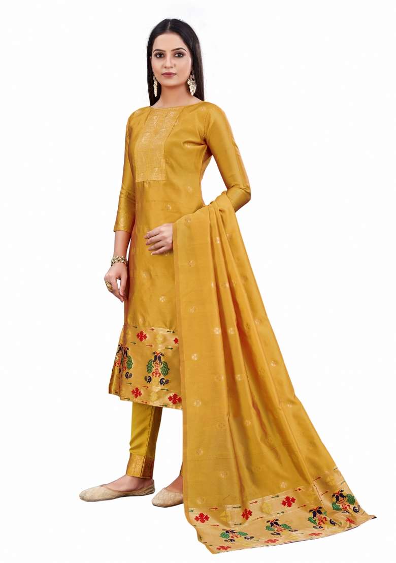 Yellow Jacquard Silk Blend Pakistani Suit Set - Indya