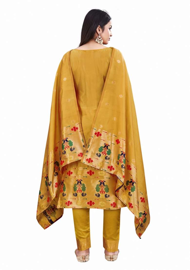 Yellow Jacquard Silk Blend Pakistani Suit Set - Indya