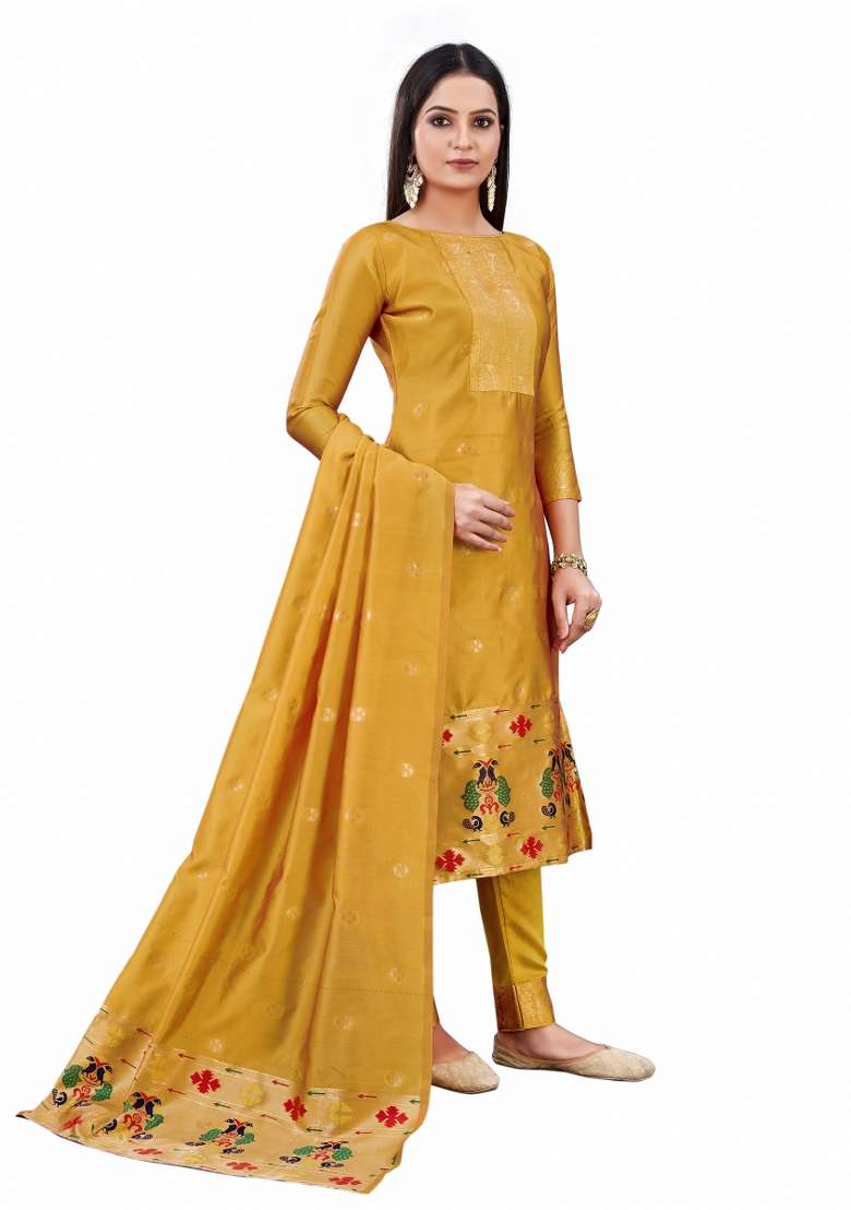 Yellow Jacquard Silk Blend Pakistani Suit Set - Indya