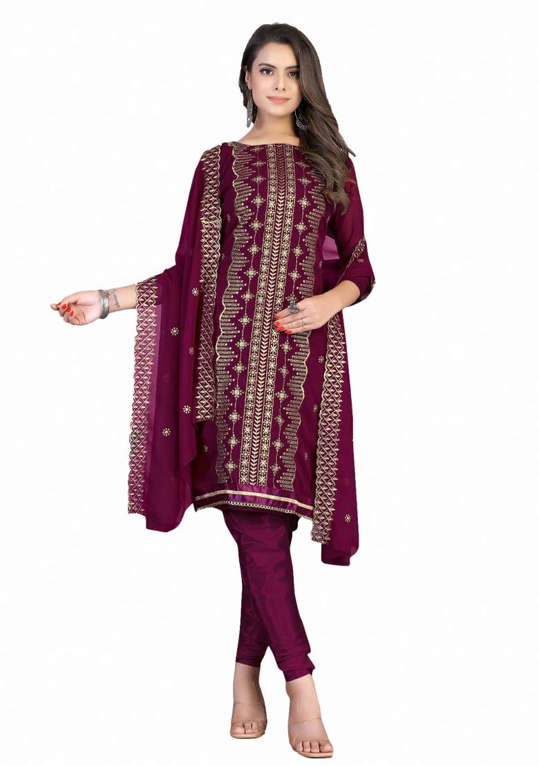 Magenta Embroidered Georgette Dress Material - Indya