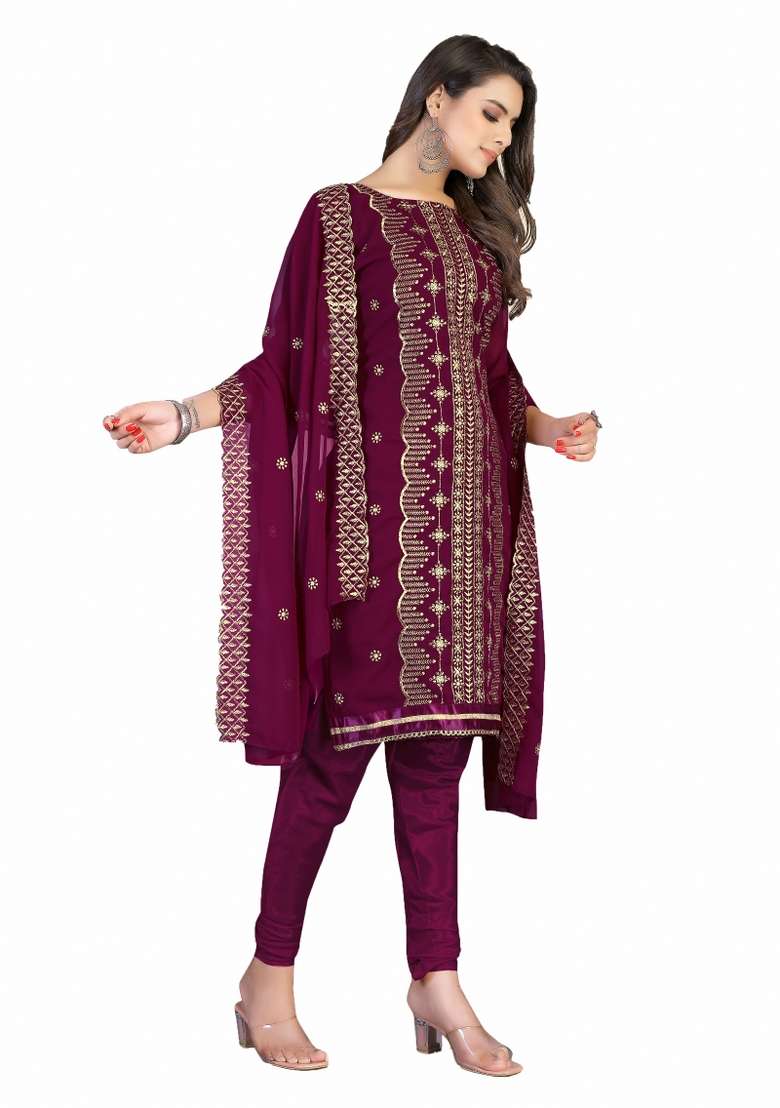 Magenta Embroidered Georgette Dress Material - Indya