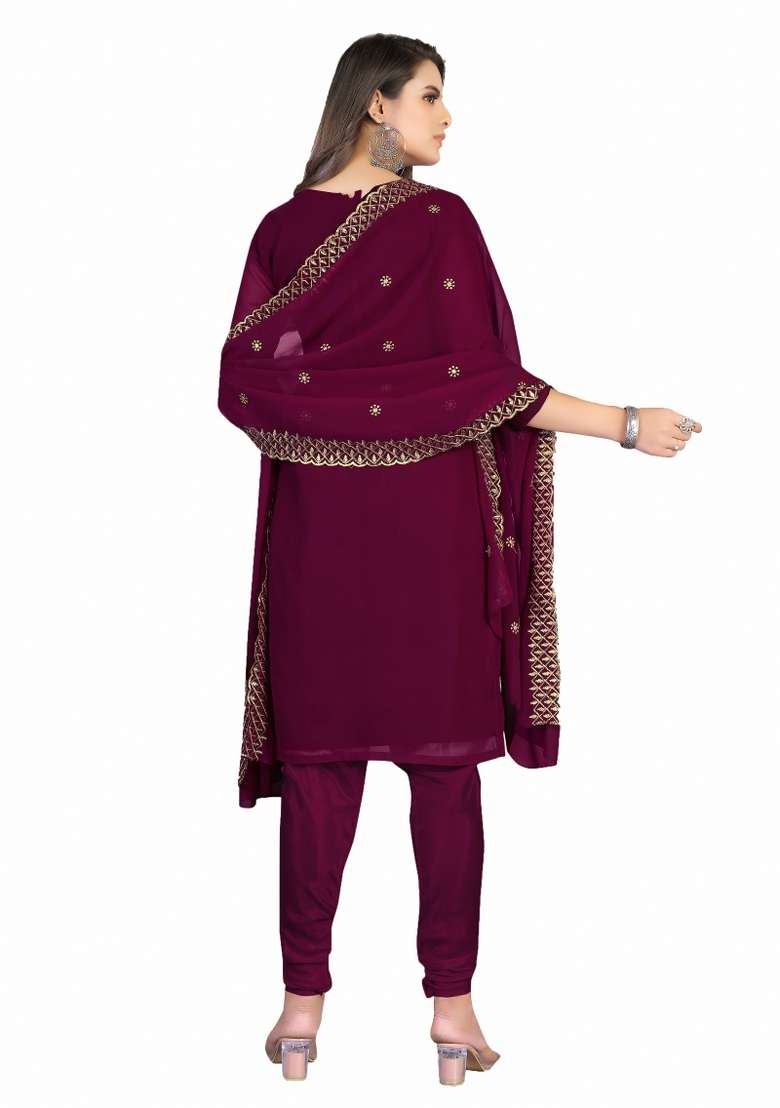 Magenta Embroidered Georgette Dress Material - Indya