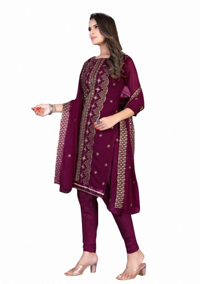 Magenta Embroidered Georgette Dress Material - Indya