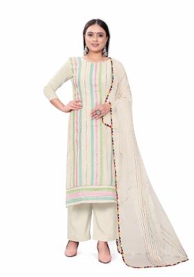 Off White Embroidered Cotton Blend Dress Material