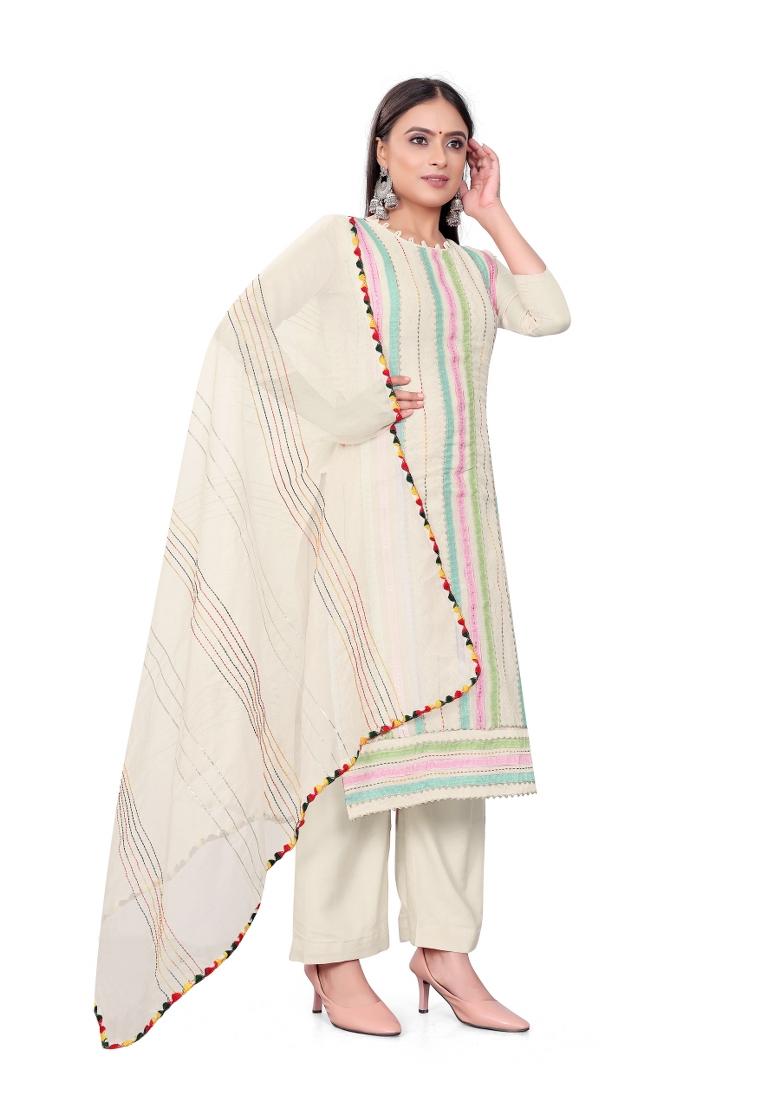 Off White Embroidered Cotton Blend Dress Material - Indya