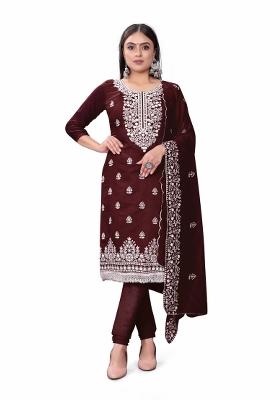Maroon Embroidered Cotton Blend Dress Material