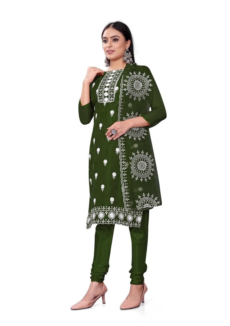 Dark Green Embroidered Oragnza Dress Material - Indya