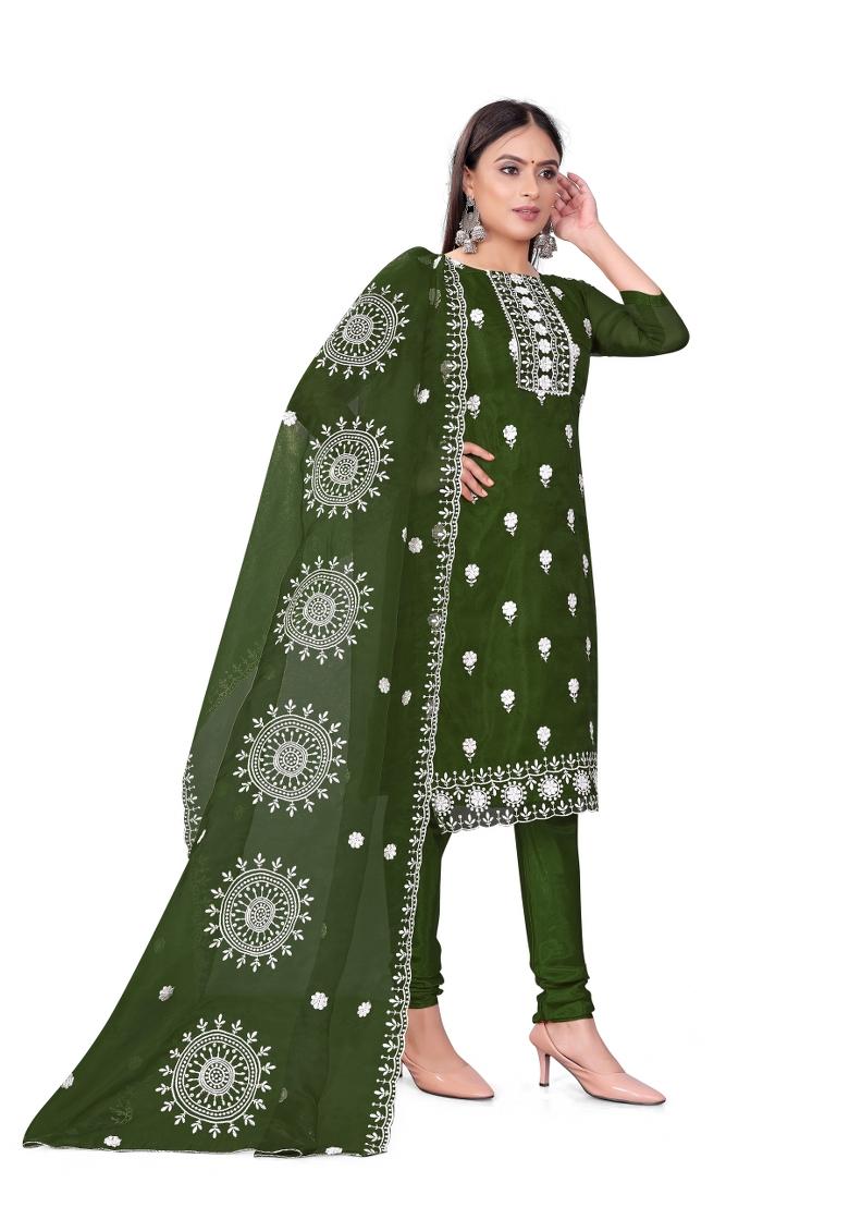 Dark Green Embroidered Oragnza Dress Material - Indya