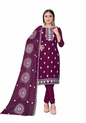 Magenta Embroidered Oragnza Dress Material