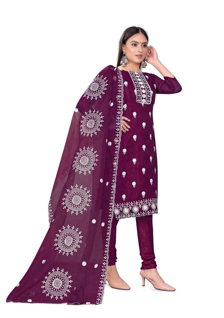 Magenta Embroidered Oragnza Dress Material - Indya