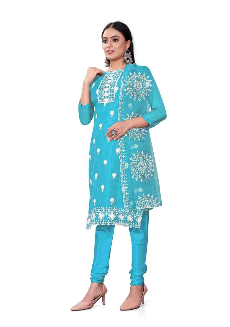 Sea Green Chikankari Organza Straight Kurta Set - Indya