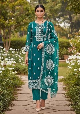 Green Embroidered Oragnza Dress Material