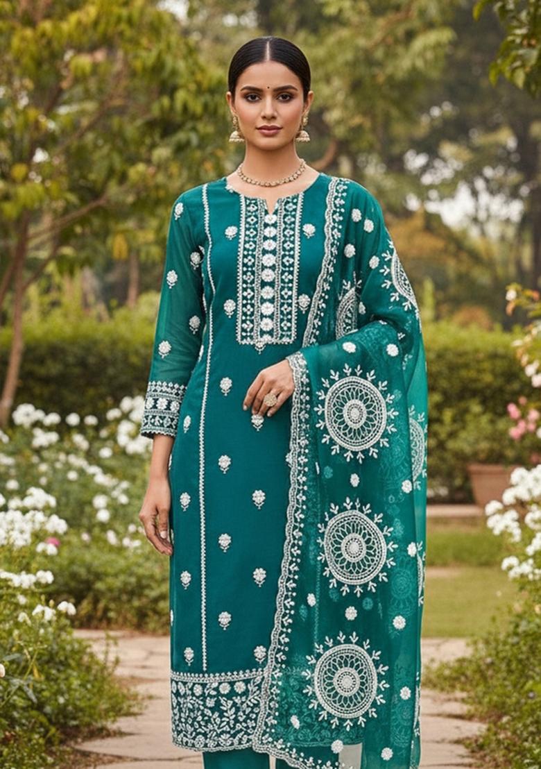 Green Embroidered Oragnza Dress Material - Indya