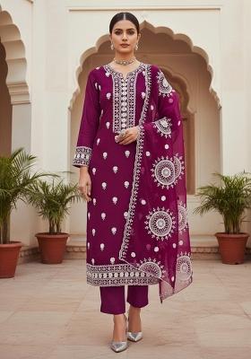 Magenta Embroidered Oragnza Dress Material