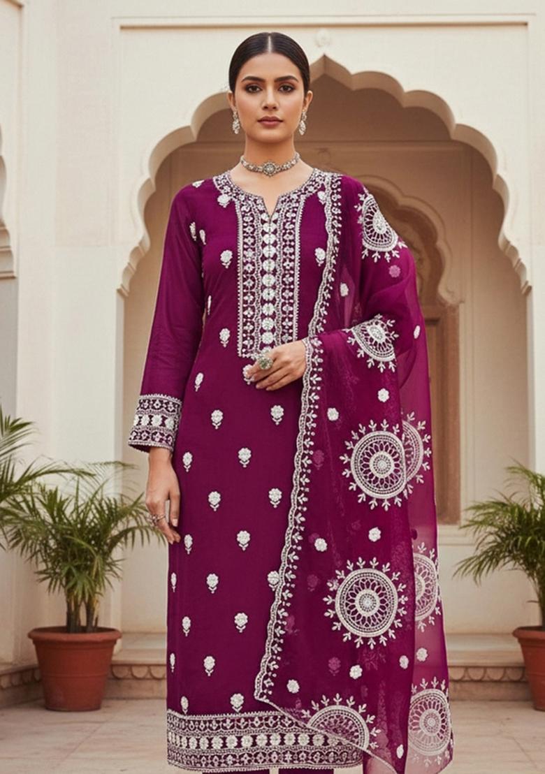Magenta Embroidered Oragnza Dress Material - Indya