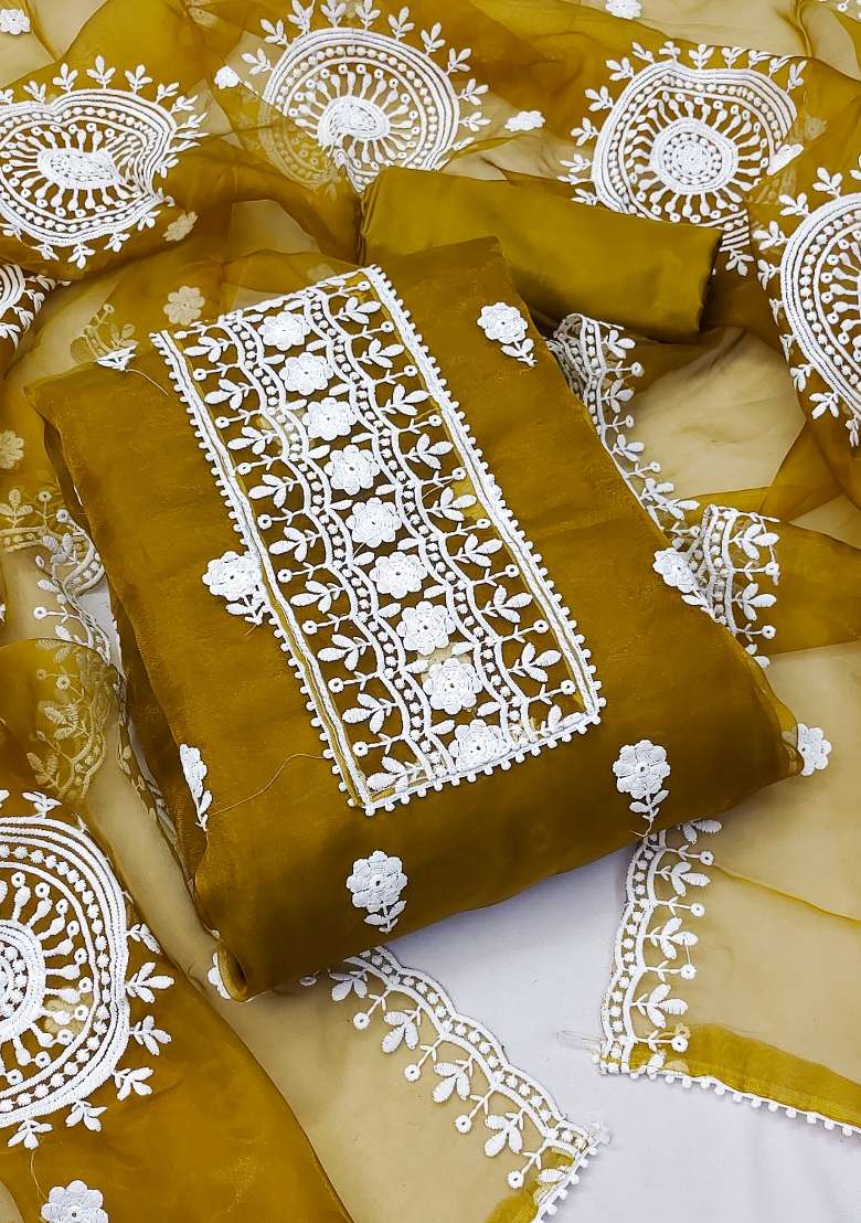 Mehandi Embroidered Oragnza Dress Material - Indya