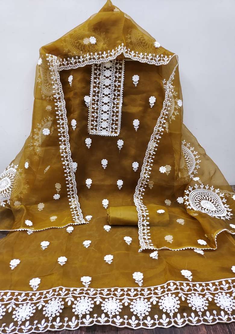Mehandi Embroidered Oragnza Dress Material - Indya