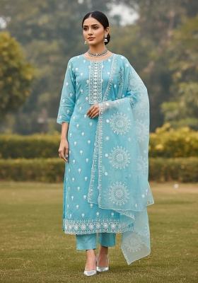 Sea Green Embroidered Oragnza Dress Material