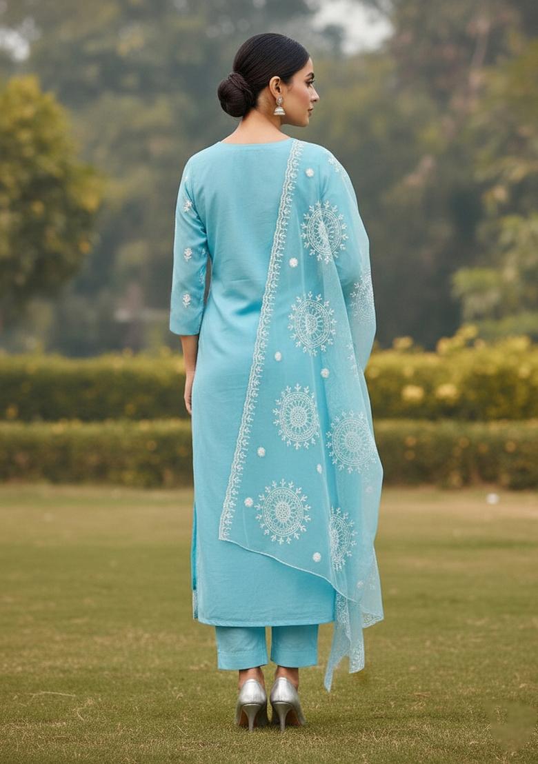 Sea Green Embroidered Oragnza Dress Material - Indya