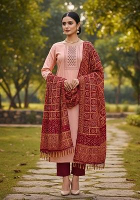 Peach Embroidered Silk Dress Material