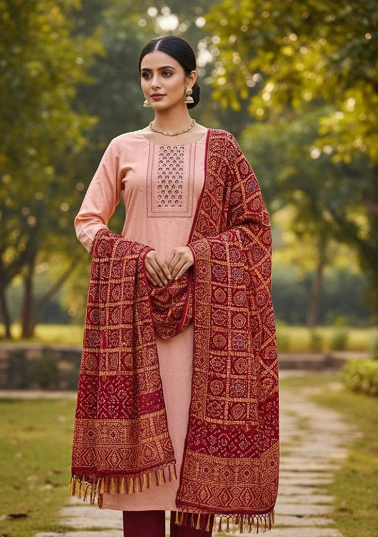 Peach Embroidered Silk Dress Material - Indya