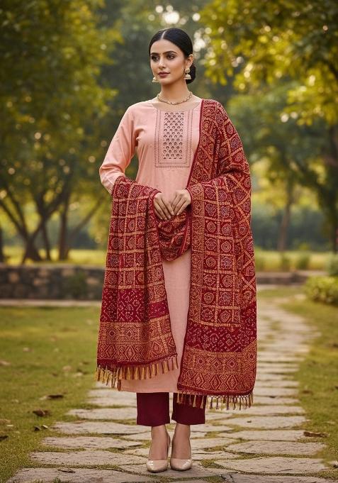 Peach Embroidered Silk Dress Material