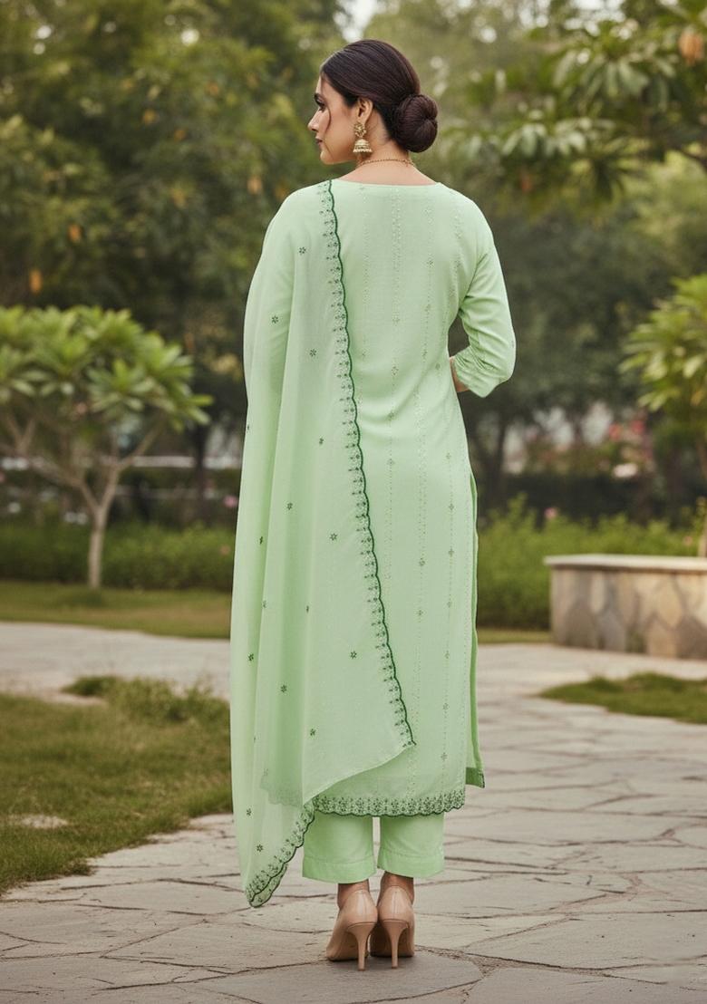Green Embroidered Georgette Dress Material - Indya